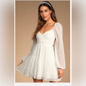 Longing and Love White Swiss Dot Puff Long Sleeve Mini Dress